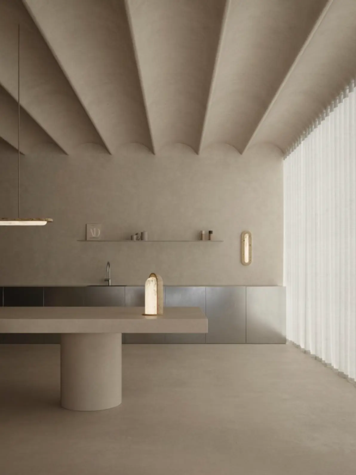 Kitchen beneath a vaulted plaster ceiling with a seamless microcement floor